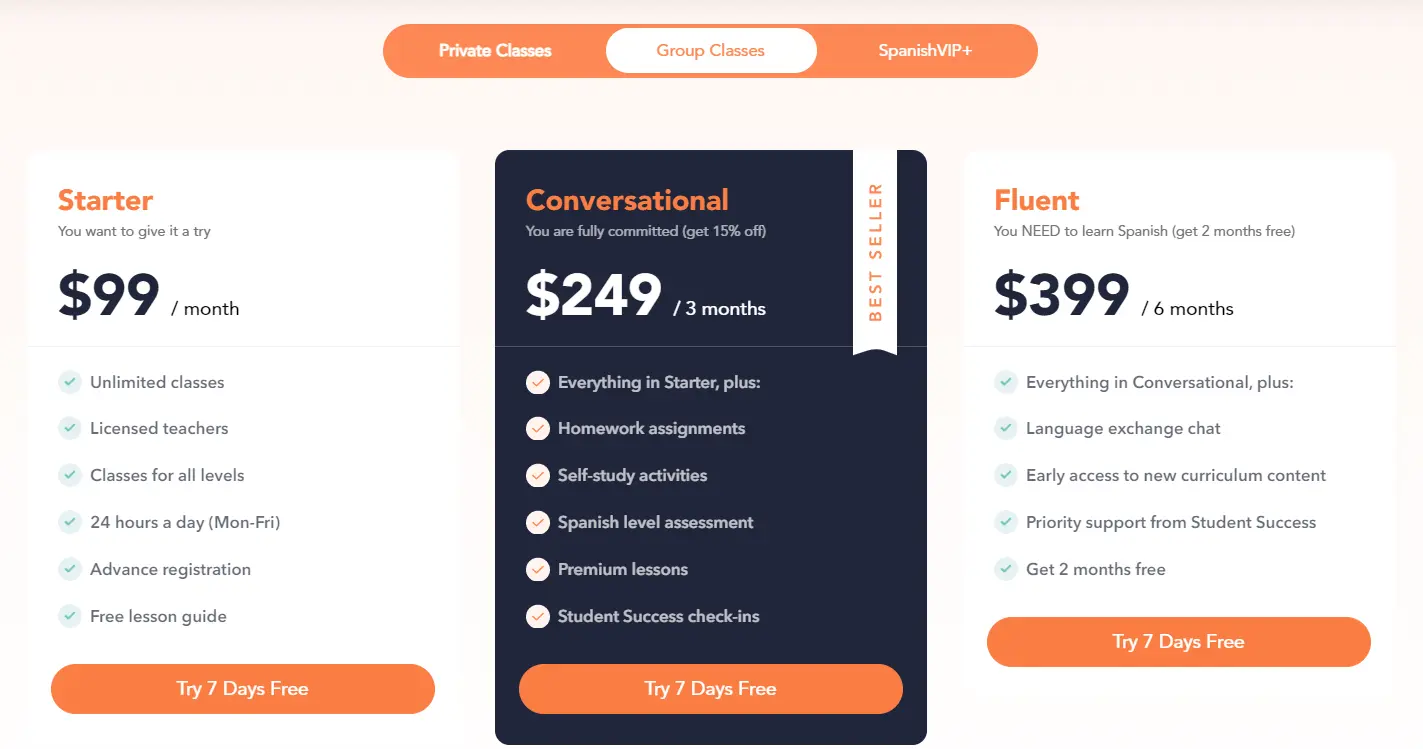 SpanishVIP: Unlimited Live Online Spanish Classes pricing